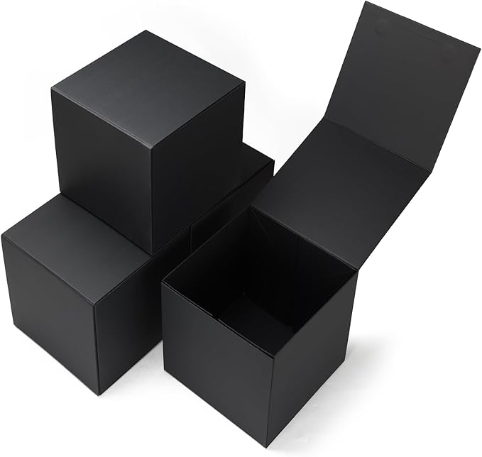 Schliersee 8x8x8 Gift Box with Lids Magnetic Closure Set of 4, Black Square Gift Wrap Boxes for Wedding, Birthday