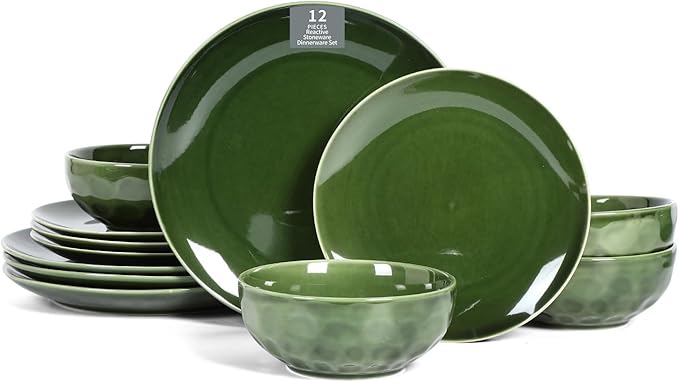 Vicrays Ceramic 12 Pieces Dinnerware Set - Dinner Plates Cereal Bowls Salad Plates Set Service for 4 - Scratch Resistant Dishwasher Safe Microwave Oven - Green