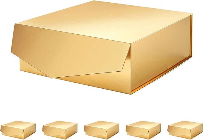 6 Gift Boxes with Lids 9x9x3.4 Inches, Gold Groomsmen Proposal Boxes with Magnetic Closure for All Occasion (Glossy Gold)