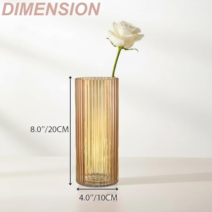 Amber Glass Vases, Flower Vases Set of 3, Ribbed Glass Vase for Tulips, Tall Cylinder Glass Vases for Living Room, Bedroom, Dining Table, Office, Wedding, Bookshelf Decoration, 8 Inches