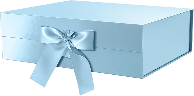 GREEN BEAN Extra Large Gift Box with Lid for Present 16.3x14.2x5 Inches, Fathers Day Baby Blue Magnetic Gift Box with Ribbon, for Clothes and Large Gifts (Glossy Baby Blue)