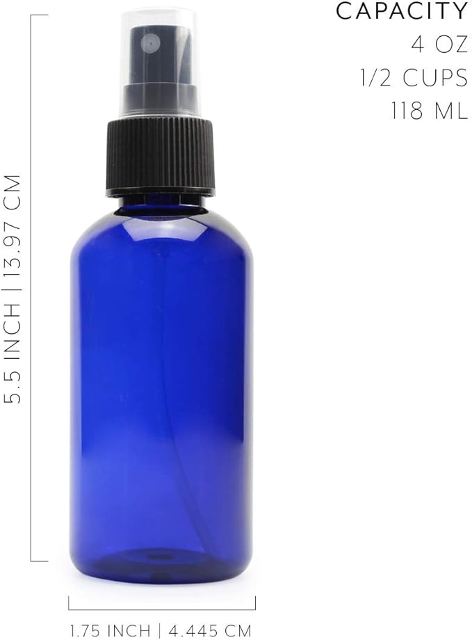 Cornucopia Brands 4oz Blue PLASTIC Fine Mist Spray Bottles (Pack of 12) BPA-Free Plastic Spritzer Bottles, Labels Included; PET #1 Plastic Bottles
