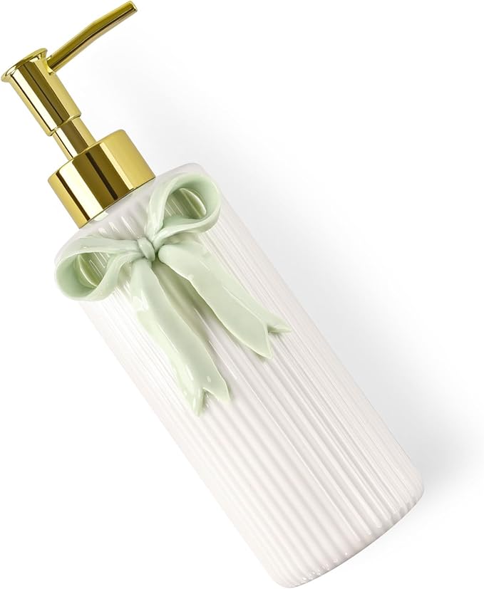 Handmade Ceramic Bow Soap Pump Dispenser Hand Lotion Liquid Dispenser Refillable for Kitchen and Bathroom Decorative (Ribbon Green)