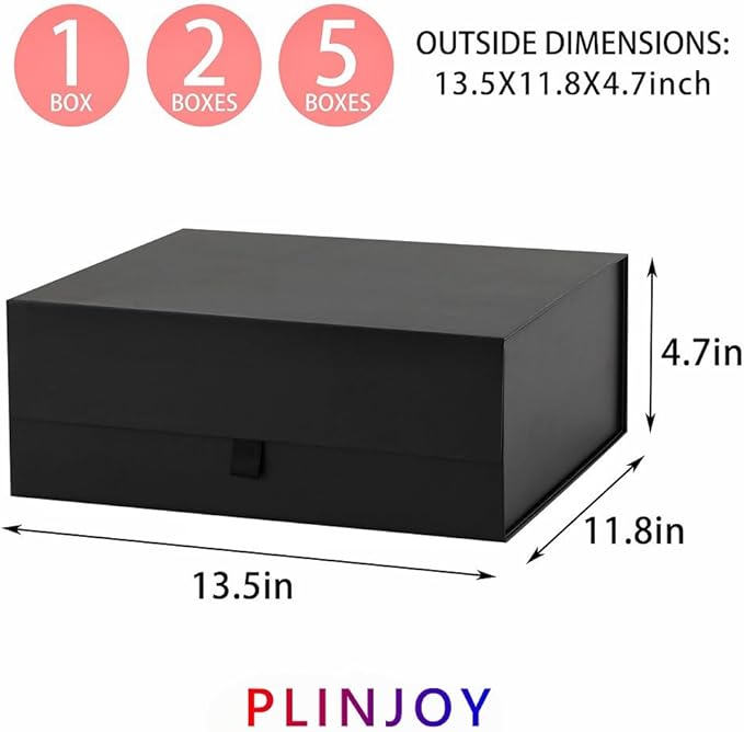 2 Pcs Black Gift Box Large 13.5x11.8x4.7 Inches, Black Gift Boxes for Presents with Magnetic Closure Lid, Luxury Gift Box Rectangle Collapsible Boxes for Gift Packaging