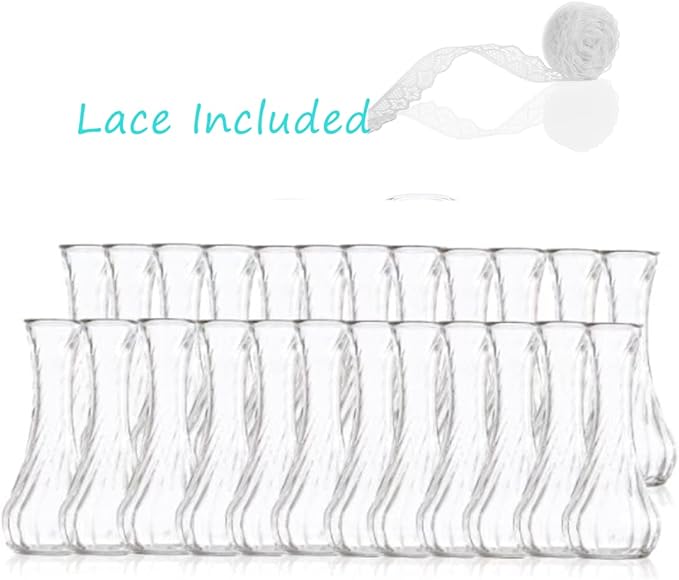 Set of 24 Glass Vase, Bud Vases in Bulk with Lace for Floral Arrangements, Events, Home Decor Weddings, Table Centerpiece (Clear, 24)