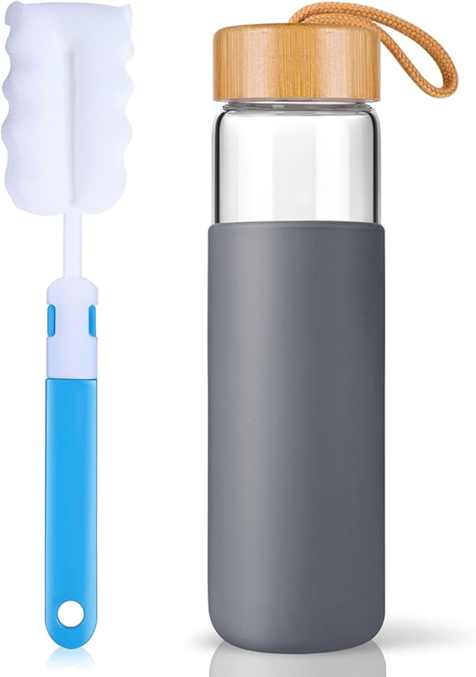 25 Oz Borosilicate Glass Water Bottles with Silicone Sleeve BPA Free, Dishwasher Safe - Reusable Clear Glass Drinking with Leak Proof Bamboo Lid | Perfect Gym Water Bottles for Men & Women