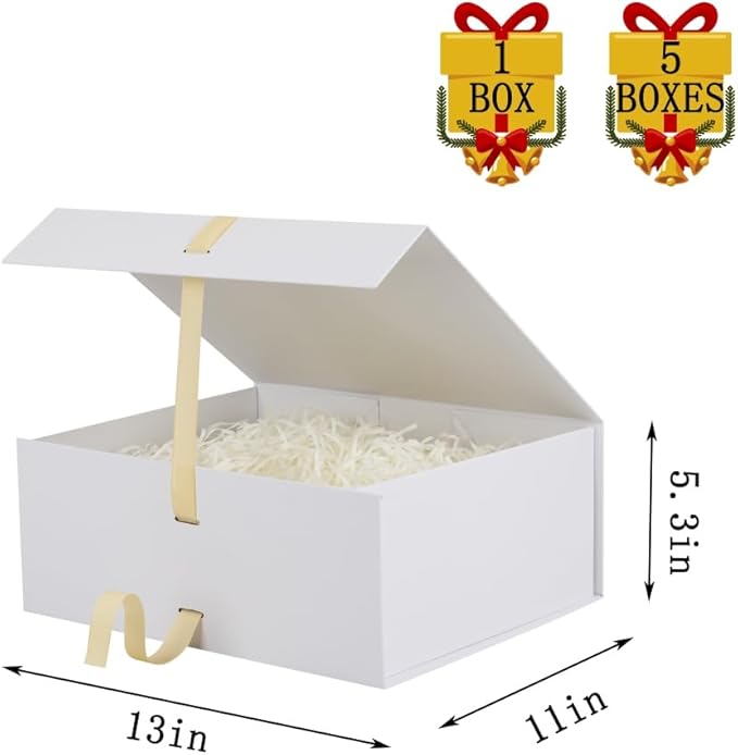 BoxSkivra White Large Gift Box with Ribbon 1 Pack 13X11X5.3 Inch Large Box with Lid Magnetic Closure Rectangle Collapsible Luxury Wrap Box for Weeding Gifts Crinkle Cut Paper Shred with Card