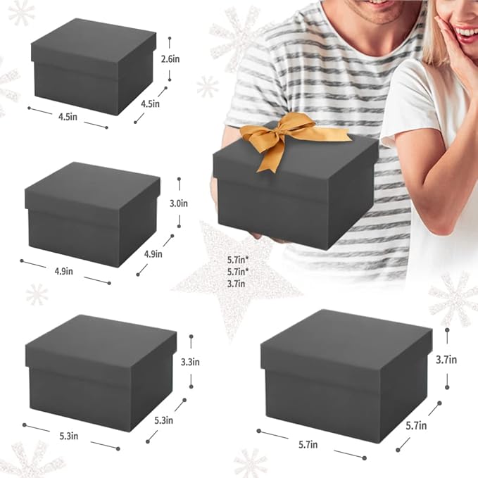 Bengnkes Black Gift Box Small Gift Boxes with Lids for Presents 4 Packs Square Luxury Nesting Gift Boxes with 17ft Ribbon for Birthday Bridesmaid Wedding Christmas Proposal