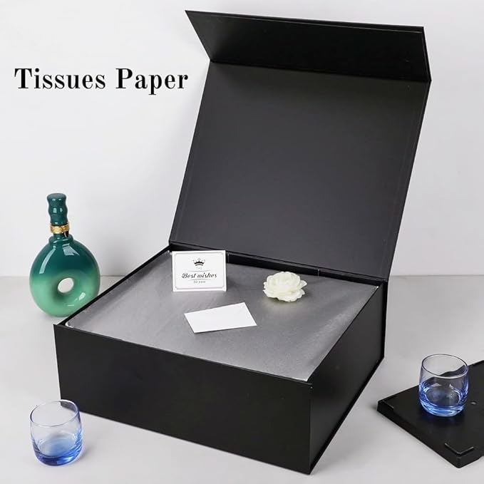 UoeRing 1 Pcs Black Gift Box Large 13.5x11.8x4.7 inch Luxury Birthday Gift Box for Presents with Magnetic Closure Lid Collapsible,Contains Card, Ribbon, Tissue Paper,Shredded Paper Filler