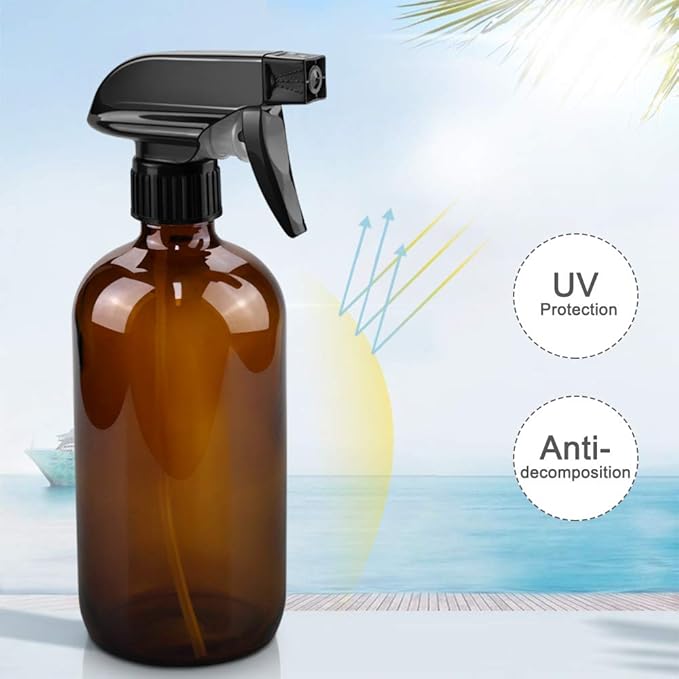 Glass Spray Bottles, 16oz Amber Glass Spray Bottles with Labels & Adjustable Nozzle, Reusable Containers for Cleaning, BBQ, Food, Plants, Alcohol, Essential Oils(3 Pack)