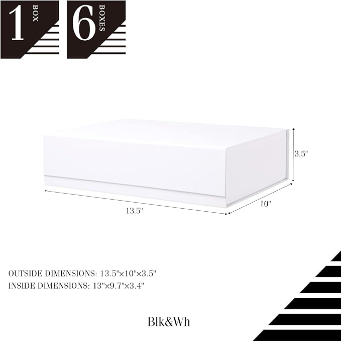 BLK&WH Large Gift Box 13.5x10x3.5 Inches, White Gift Box with Magnetic Closure Lid, Sturdy Shirt Box, Rectangle Collapsible Box for Gift Packaging (Matte White)