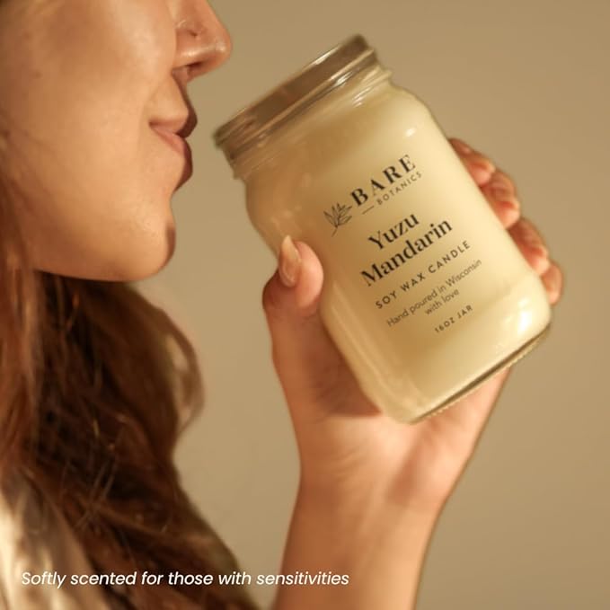 Bare Botanics Yuzu Mandarin Scented Soy Candle - Premium Candle in 16 oz Mason Jar - 100% Natural Soy Wax & Plant-Based Fragrance Oils, Softly-Scented - Handpoured in WI - 85 Hrs Long Burning