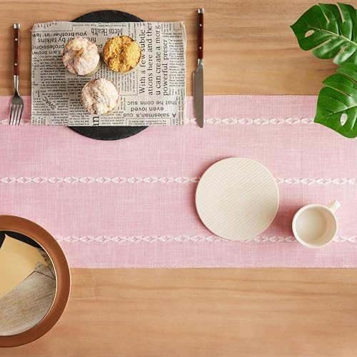 Braided Farmhouse Table Runner,Braided Pink 13x108 Inch, Cotton Linen Table Runners 108 Inches Long, Embroidered Striped Pink Boho Table Runner Rustic Home Decor