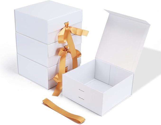 4 Pack 8x8x4 Inches White Gift Boxes with Ribbon, Magnetic Gift Box with Lid for Wedding, Groomsmen Bridesmaid Proposal, Birthdays, Mother's Day