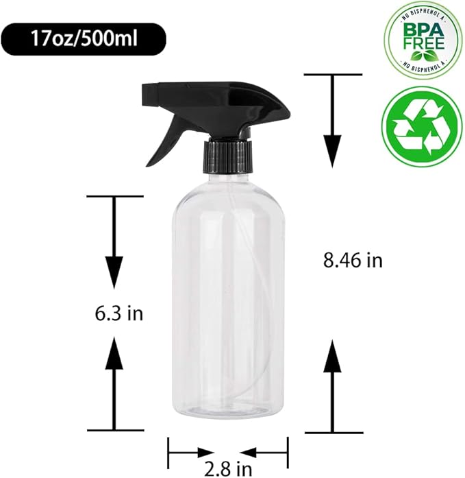 UUJOLY 17 oz Plastic Spray Bottle Trigger Empty Spray Bottles Clear Refillable Container for Water, Essential Oils, Hair, Cleaning Products, Adjustable Head Sprayer and Stream, Clear, 2 Pack