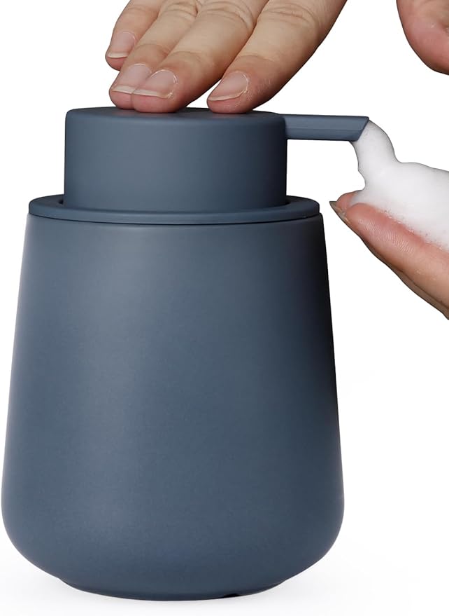 INGOFIN Ceramic Foaming Soap Dispenser - 12 oz Foam Hand Soap Dispenser Bathroom, Ceramic Dish Soap Modern Dispenser with Pump for Kitchen, Matte Blue