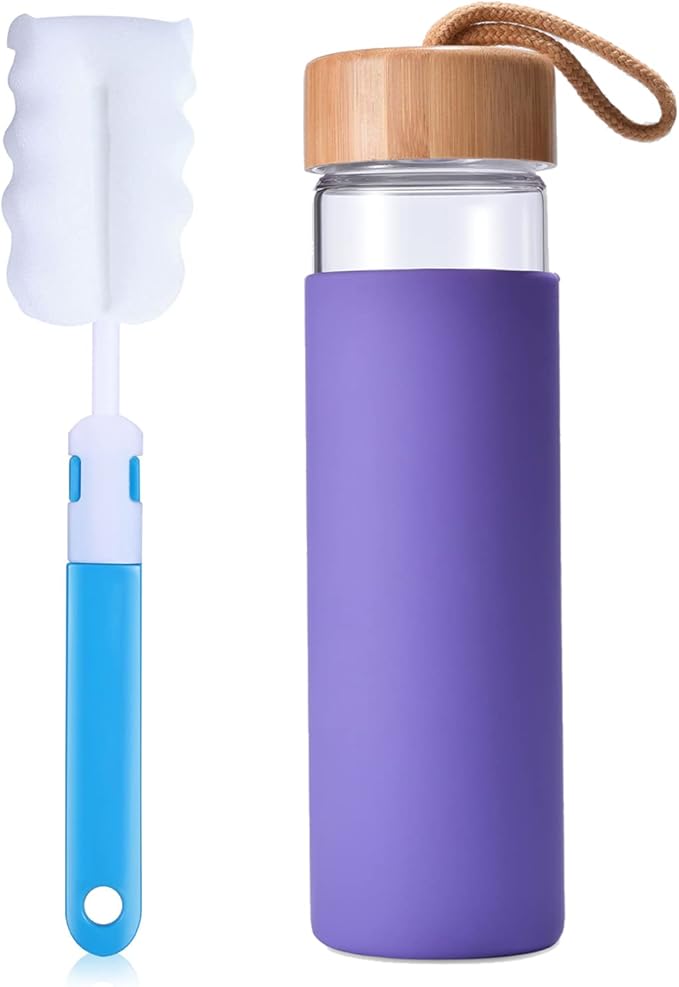 20 Oz Borosilicate Glass Water Bottles with Silicone Sleeve BPA Free, Dishwasher Safe - Reusable Clear Glass Drinking with Leak Proof Bamboo Lid | Perfect Gym Water Bottles for Men & Women