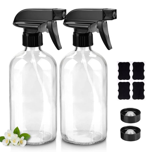 Glass Spray Bottles, 16oz Clear Glass Spray Bottles with Labels & Adjustable Nozzle, Reusable Containers for Cleaning Solutions, BBQ, Food, Plants, Alcohol, Essential Oils(2 Pack)
