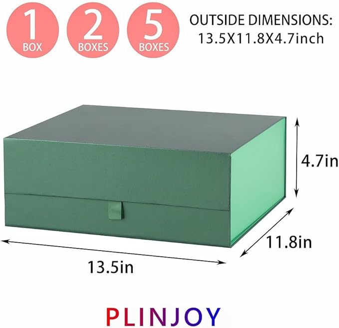 2 Pcs Large Gift Box 13.5x11.8x4.7 Inches, Green Gift Boxes for Presents with Magnetic Closure Lid, Luxury Gift Box Rectangle Collapsible Boxes for Gift Packaging