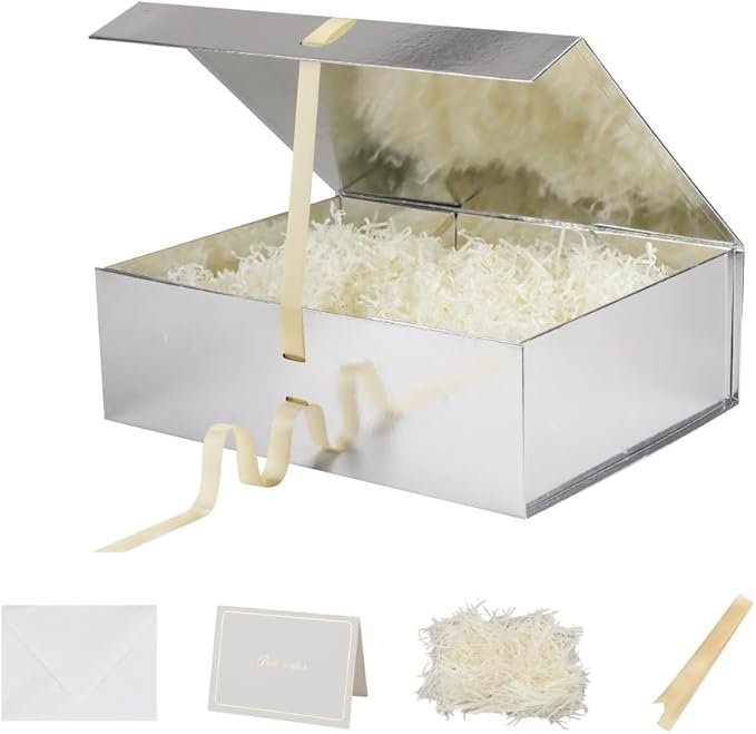 Extra Large Magnetic Gift Box with Lids 3 Pack 16.5X13X5.3 Inch Silver Large Gift Box with Ribbon Foldable Gift Boxes for Presents、Graduation、Birthdays Jumbo Box with Shredded Paper Filler & Cards