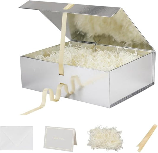 Extra Large Magnetic Gift Box with Lids 3 Pack 16.5X13X5.3 Inch Silver Large Gift Box with Ribbon Foldable Gift Boxes for Presents、Graduation、Birthdays Jumbo Box with Shredded Paper Filler & Cards