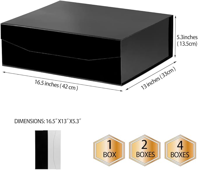 1 Pcs Black Extra Large Gift Box with Lid, 16.5 x 13 x 5.3 Inches, Hard Magnetic Giant Gift Boxes for Presents Clothes Robe Wedding Dress Sweater,Reusable Foldable Bridesmaid Proposal Box