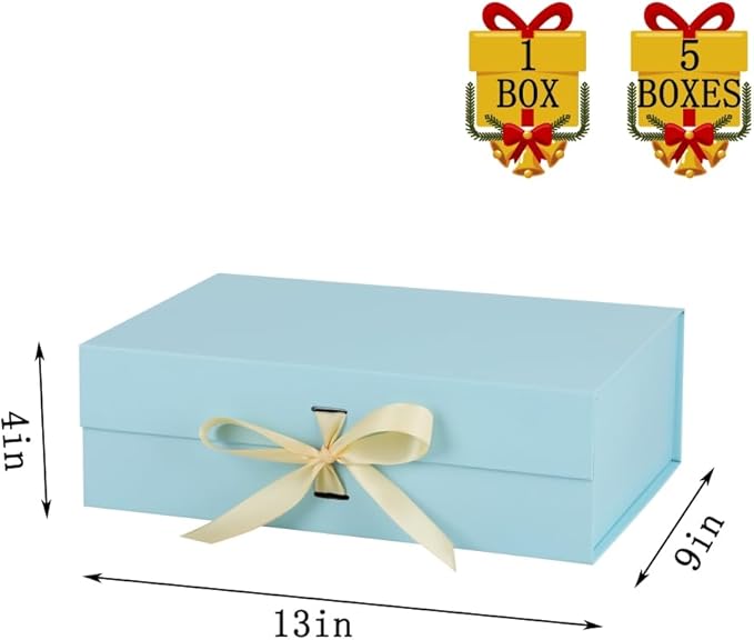 Skivra Large Blue Gift Box with Ribbon 1 Pack, 13x9x4 Inch, Magnetic Lid, Rectangle, Collapsible, Luxury Wedding Gift Box with Filler & Card