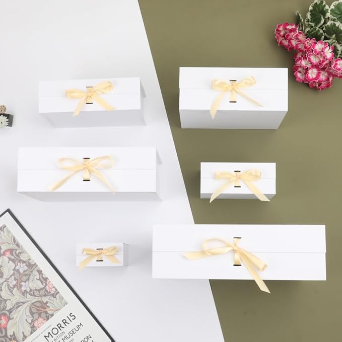Large Gift Boxes with Lids 5 Pack 13X11X5.3 Inch Large White Gift Box with Ribbon Foldable Gift Boxes for Presents、Anniversary Gifts、Bridesmaid Proposal Box Shredded Paper for Gift Box with Cards