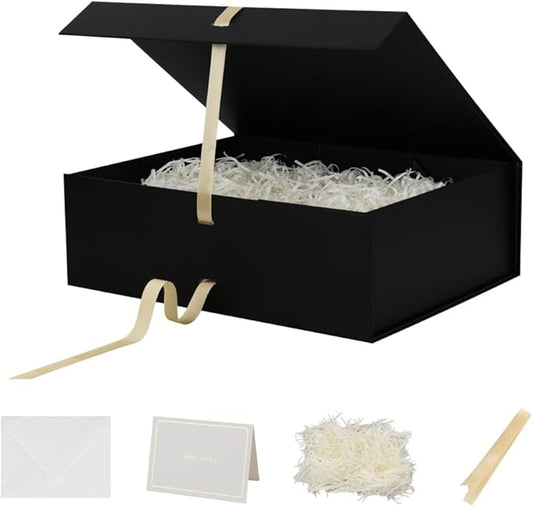BoxSkivra Large Black Gift Box with Ribbon 1 Pack 16.5X13X5.3 Inch Extra Large Gift Box with Lid Magnetic Closure Rectangle Collapsible Luxury Boxes for Wedding Dress、Shredded Paper Filler & Card