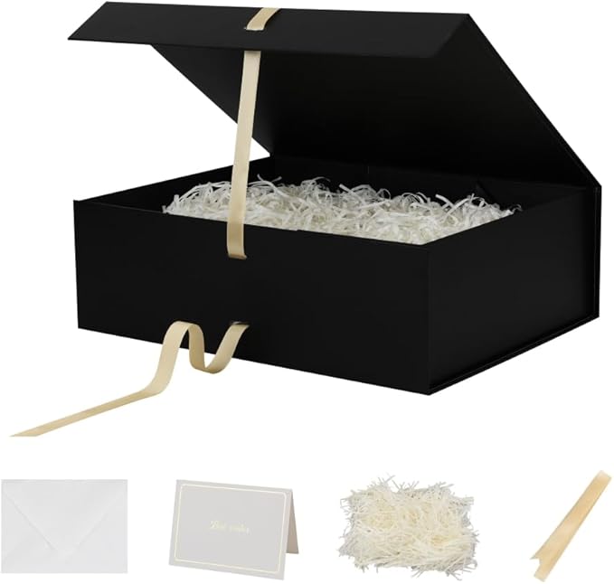 Extra Large Magnetic Gift Box with Lids 3 Pack 16.5X13X5.3 Inch Black Large Gift Box with Ribbon Foldable Gift Boxes for Presents Groomsman Proposal Jumbo Box with Shredded Paper Filler & Cards