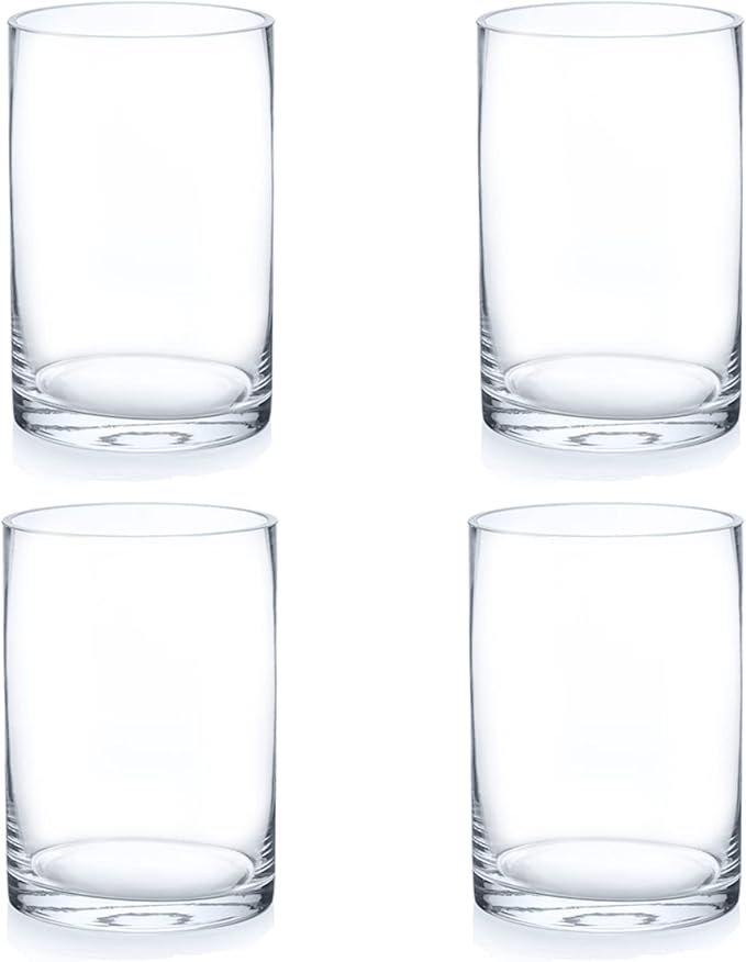 Enova Floral Set of 4 Clear Glass Cylinder Vase, 4W x 6H Inches Round Flowers Vase, Pillar Candle Floating Candle Holders Vase, Small Floral Glass Vase for Home Office Decor, Wedding Centerpiece