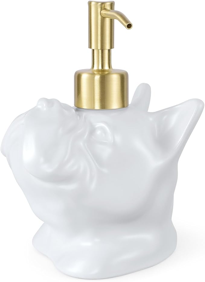 French Bulldog Shaped Soap/Lotion/Hand Sanitizer Bulldog Ceramic Stainless Steel Pump Dispenser Gifts for Lover, Refillable for Kitchen and Bathroom(White)