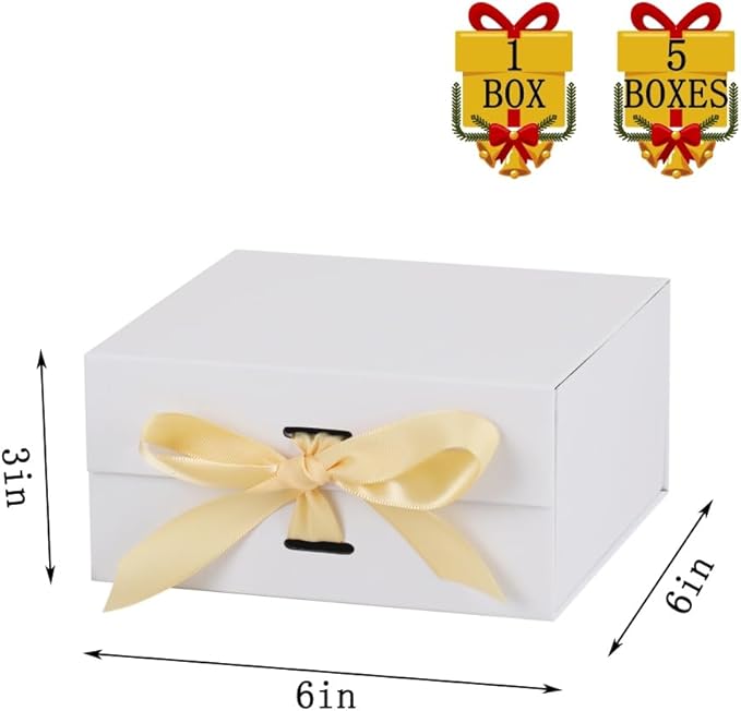 Small Gift Boxes with Lids 5 Pack 6X6X3 Inch White Gift Box with Ribbon Foldable Gift Boxes for Presents、Anniversary Gifts、Bridesmaid Proposal Box、Shredded Paper Filler & Cards