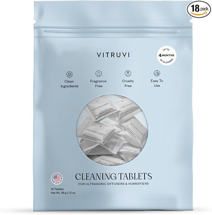 VITRUVI Cleaning Tablets for Diffusers & Humidifiers | Removes Stains & Residue, Prevents Buildup, Enhances Performance | Easy to Use | Made in USA - Pack of 18