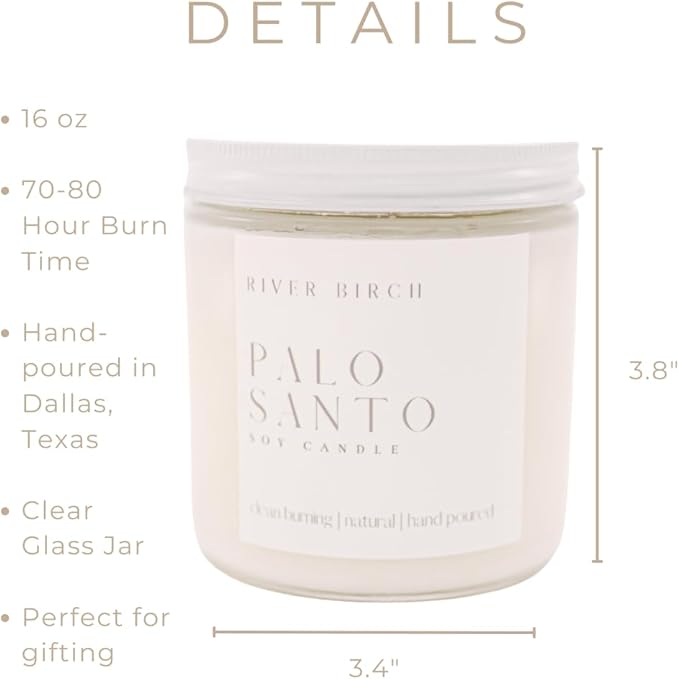 River Birch Candles Palo Santo Scented Candle | Premium, All-Natural, Non-Toxic, Soy Candles | 16oz 90 Hr Burn Time | Cozy Relaxing Gifts for Home