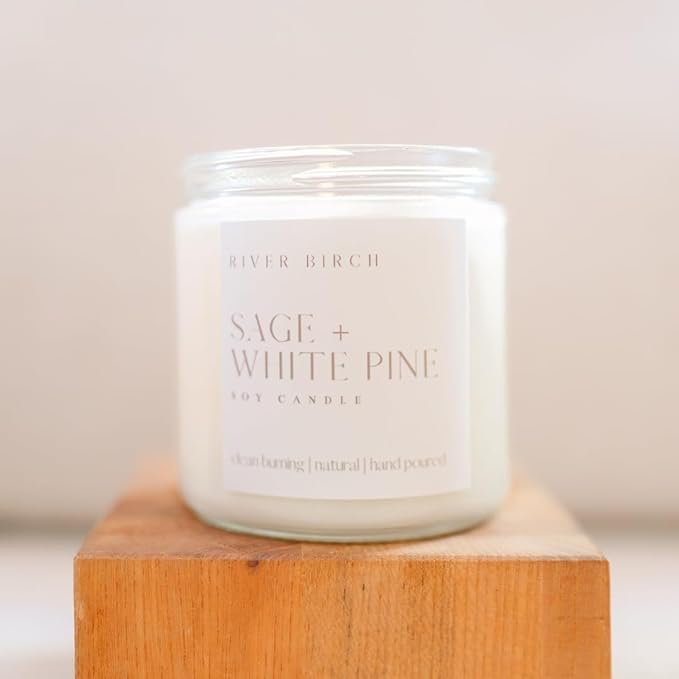 River Birch Candles Sage + White Pine Scented Candle | Premium, All-Natural, Non-Toxic, Soy Candles | 16oz 90 Hr Burn Time | Cozy Relaxing Gifts for Home
