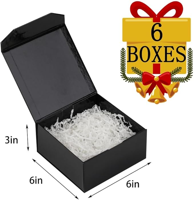 6 Pcs Small Black Gift Box 6x6x3 Inch Magnetic Gift Box Small Magnetic Box with Crinkle Paper Black Small Gift Box with Shredded Paper Luxury Gift Boxes with Lids for Presents