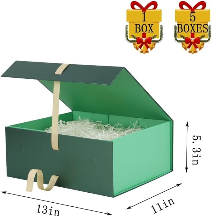 BoxSkivra Large Gift Boxes with Lids 5 Pack 13X11X5.3 Inch Large Green Gift Box with Ribbon Foldable Gift Boxes for Presents Shredded Paper for Gift Box with Cards