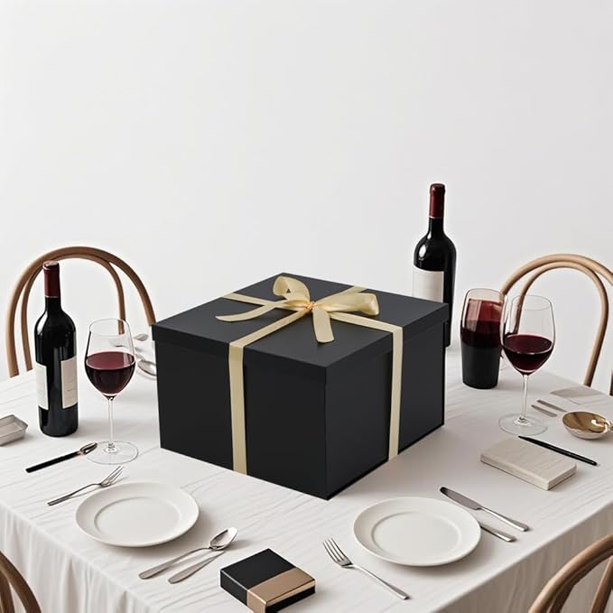 UoeRing 2Pcs Black Extra Large gift box with lids 13×13×7 Inches gift boxes for presents,Birthday Box (include Ribbon, Paper Shred Filler Gift Card & Envelopes)