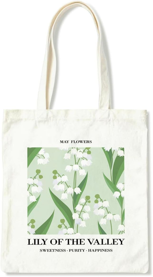 Flower Canvas Tote Bag, May Dily of The Valley Reusable Shoulder Bags, Gifts to Sister and Friends, Holiday Gift Bags for Wrap Storage, Casual Canvas Totes for Work Traveling