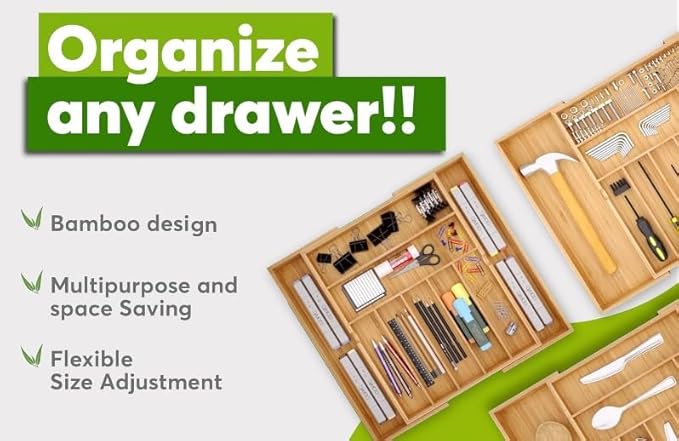 Nature Gear Bamboo Kitchen Drawer Organizer, Expandable Wood Utensil Tray, Adjustable Silverware Organizer with 9 Compartments for Fork, Spoon & Knife Utensils