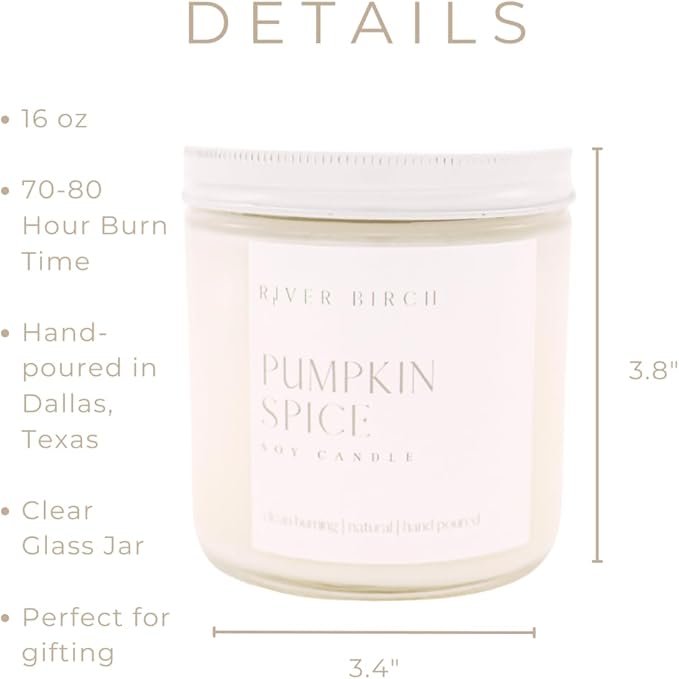 River Birch Candles Pumpkin Spice Scented Candle | Premium, All-Natural, Non-Toxic, Soy Candles | 16oz 90 Hr Burn Time | Cozy Relaxing Gifts for Home