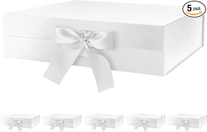 GREEN BEAN Luxury Gift Boxes with Lids - 6 White Magnetic Boxes with Ribbon, Bridesmaid Proposal Boxes, 13x9.7x3.4 Inches
