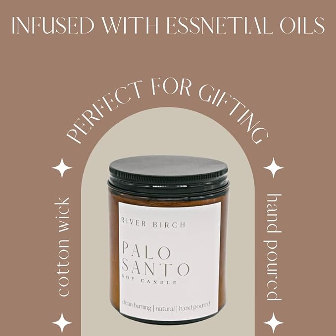 River Birch Candles Palo Santo Scented Candle | Premium, All-Natural, Non-Toxic, Soy Amber Jar Candles | 8.5oz 40 Hr Burn Time | Cozy Relaxing Gifts for Home