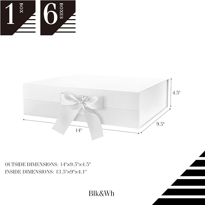 BLK&WH Gift Box with Ribbon, 13.5x9x4.1 Inches, White, Bridesmaid Proposal, Luxury Magnetic Box for Presents