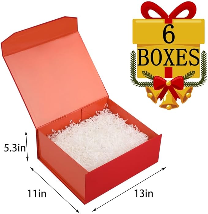 6 Pcs Red Gift Box - 13x11x5.3 Inch Magnetic Gift Box with Crinkle & Shredded Paper, Luxury Gift Boxes with Lids