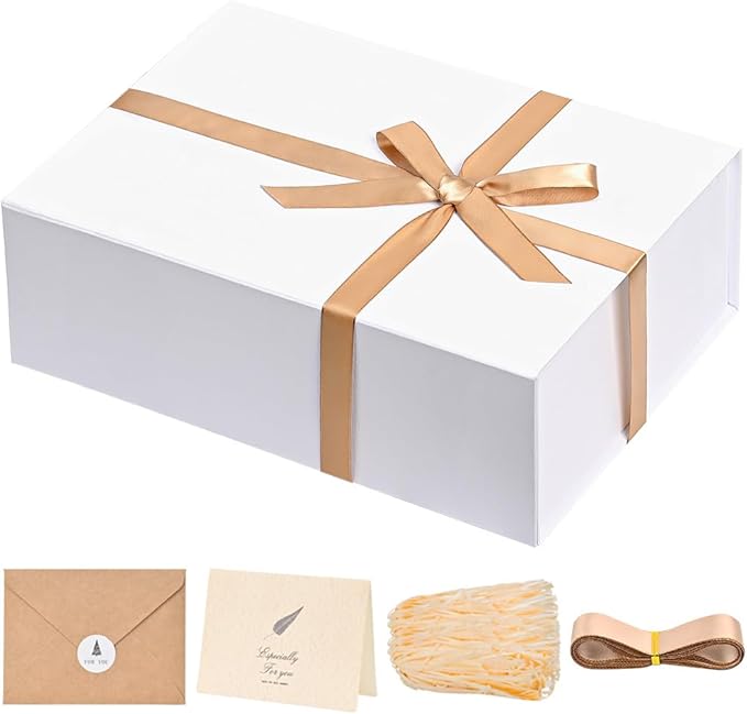 LIFELUM White Gift Box 13.85 x 8.35 x 4.45 inch Wedding Gifts Box for Bridesmaid Proposal Gifts for Gifts with Card, Ribbon, Shredded Paper Filler Shirt Boxes for Presents (1 Pcs)