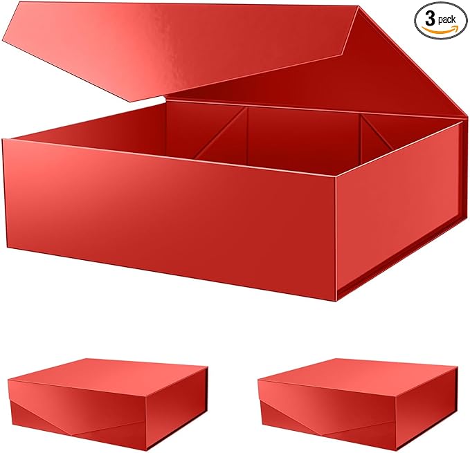 PACKHOME 17x14.5x5.5 Inches, 3 Extra Large Gift Boxes with Lids, Magnetic Closure Boxes for Clothes and Large Gifts (Glossy Red)