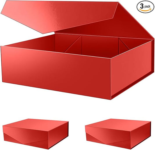 PACKHOME 17x14.5x5.5 Inches, 3 Extra Large Gift Boxes with Lids, Magnetic Closure Boxes for Clothes and Large Gifts (Glossy Red)