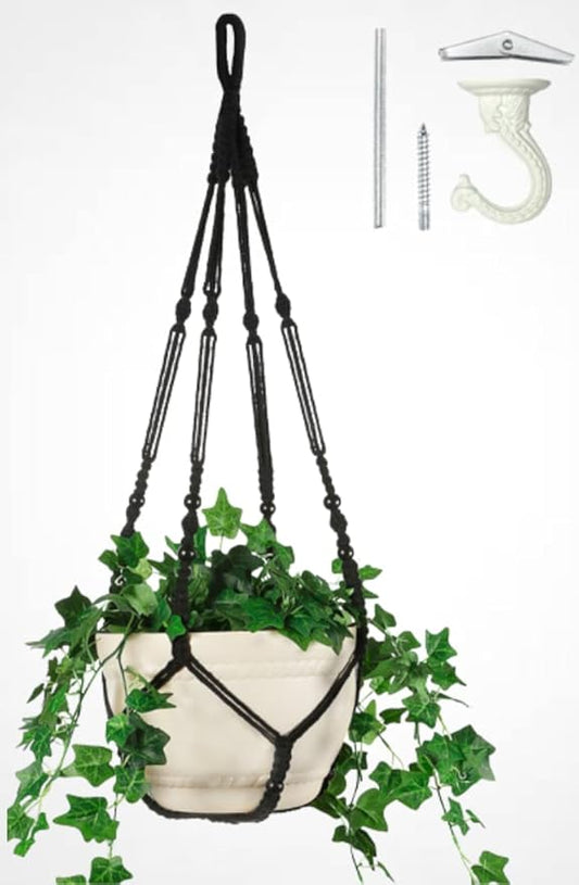 43 Inches Macrame Planter Hanger Large for 12 inch Pot + Swag Hook (Extra Long & Big) | Large Hanging Planter for Indoor Plants | No Tassel, Cotton Rope, NO Pot/Plant Included (Black)(XL)